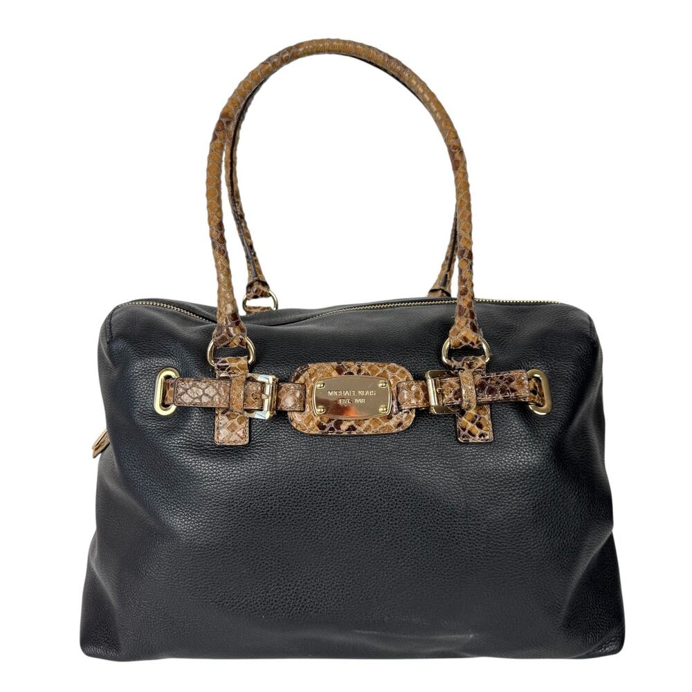 Michael Kors Hamilton Weekender Large Travel Bag Black Leather Python Handles